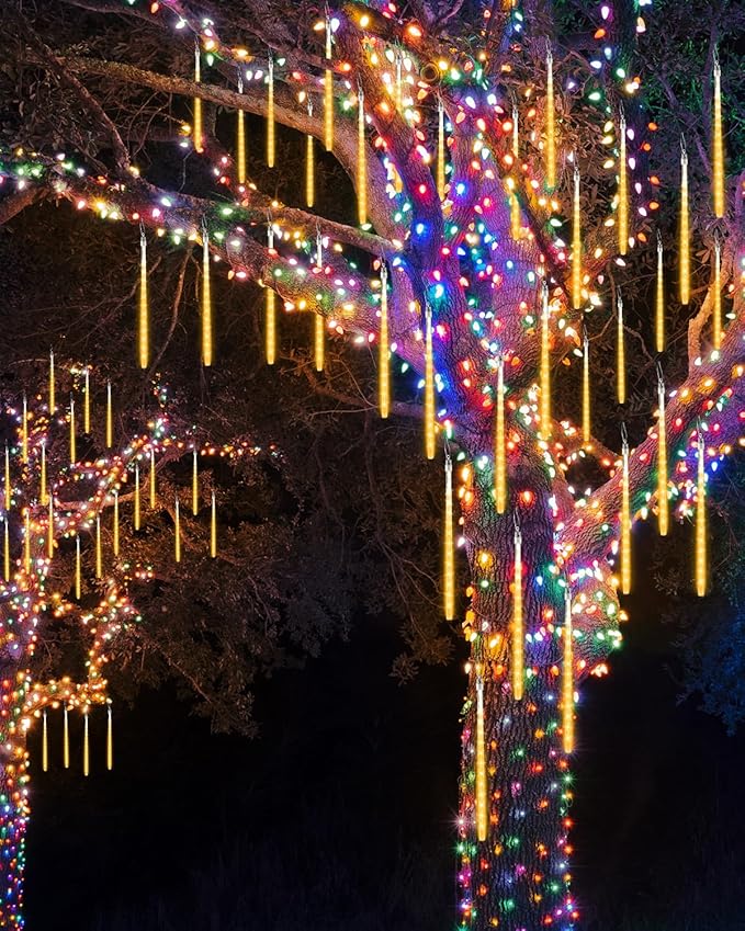 iBaycon 20 Tubes 640 LED Meteor Shower Rain Lights, 15.7 inches Cascading Icicle Lights Waterproof Outdoor, Connectable Falling Raindrop Light with Timer for Holiday Party Christmas Decorations