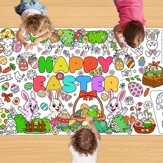 Easter Coloring Tablecloth/Poster, Easter Crafts for Kids, 72" x 30" Giant Paper Coloring Table Cloth Banner for Gifts Games Activities Party Decorations, Fun DIY Art Easter Party Supplies for Family