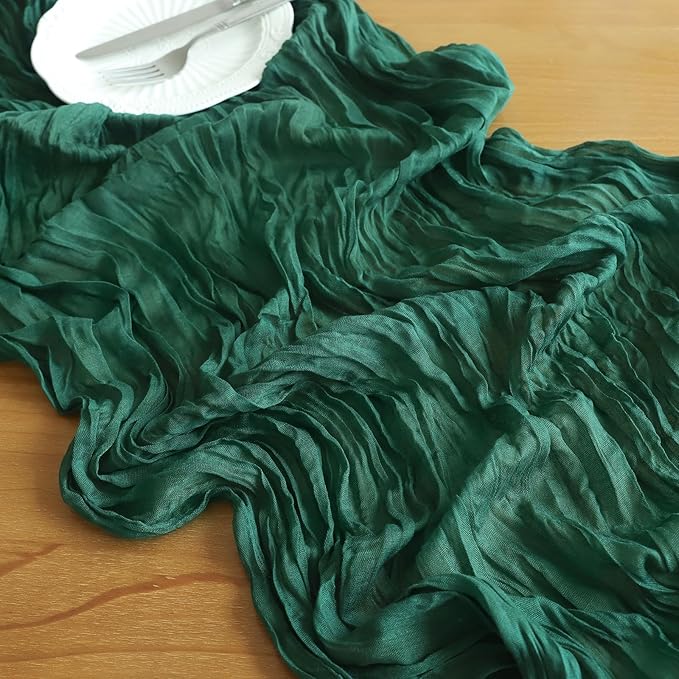 Christmas Table Runner, 10FT Cheesecloth Emerald Green Table Runners 35*120inch Rustic Vintage Table Runner for Christmas Indoor Home Kitchen Table Party Decorations