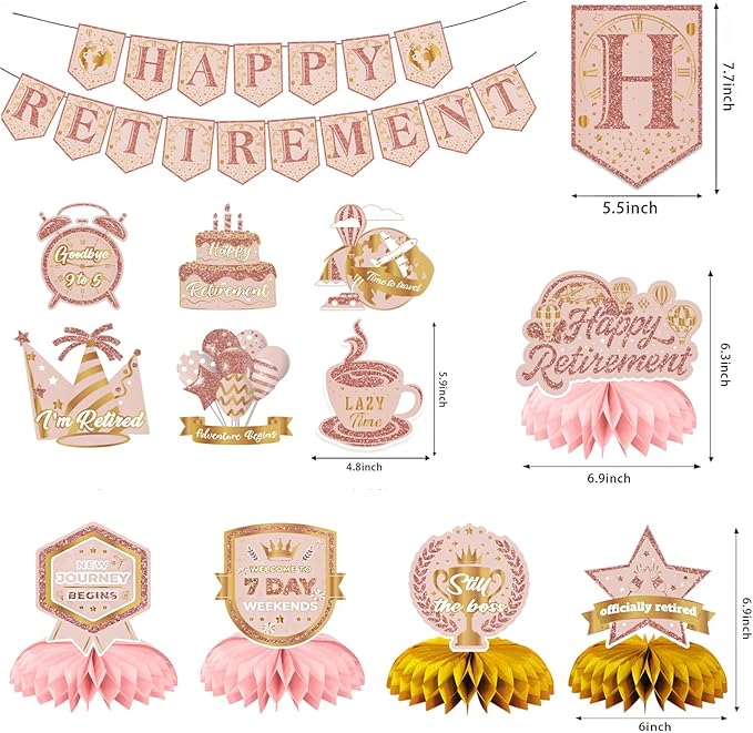 12Pcs Retirement Party Decorations for Men Women Rose Gold Happy Retirement Banner Honeycomb Centerpiece Swirls Party Supplies Retired Farewell Party Set Work Graduation Party Decorations