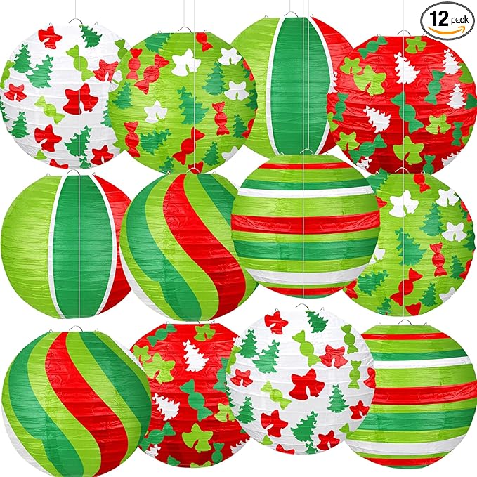 ADLKGG Christmas Party Decorations, Red Green Christmas Trees Bell Candies Printed Paper Lantern Decorative for Holiday Xmas Party Baby Shower Birthday Indoor Outdoor, 12Pcs
