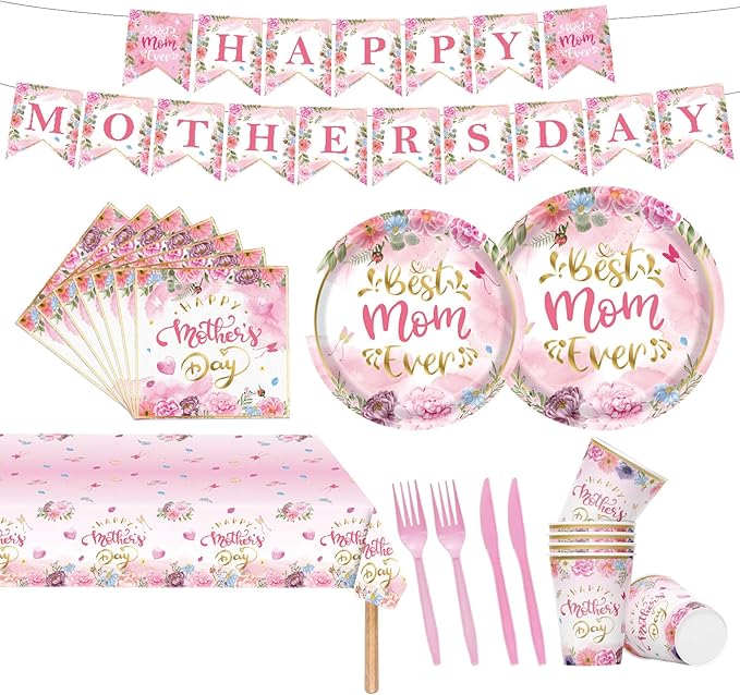 98PCS Happy Mother's Day Party Supplies Mothers Day Tableware Set Best Mom Ever Paper Plates Napkins Forks Knives Tablecloth Banner Mothers Day Party Decorations Disposable Dinnerware for 16 Guests
