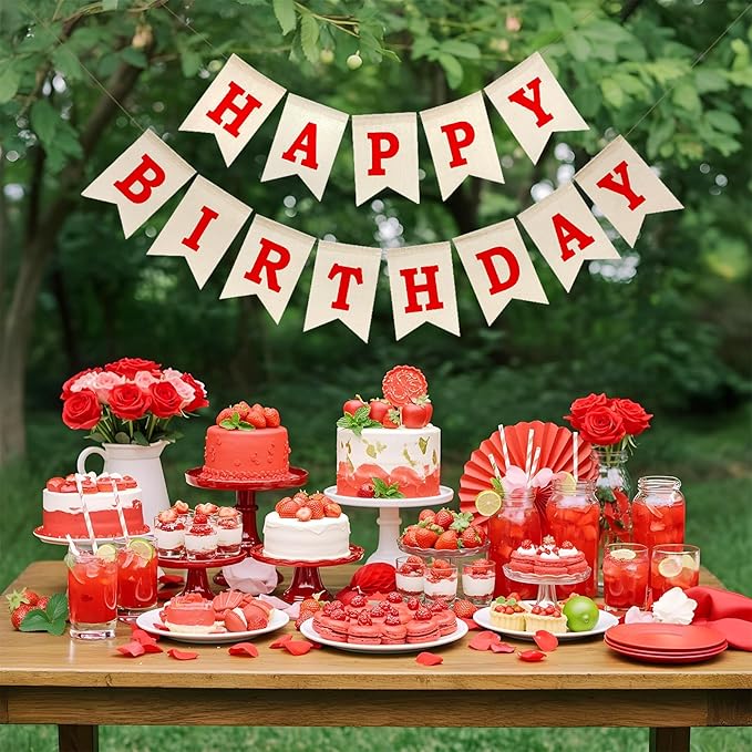 Happy Birthday Banner - Pre‑Strung Burlap Birthday Decorations and Reusable Birthday Sign for Men, Women & Kids | Party Supplies Backdrop (Red)