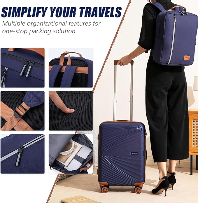 Carry On Luggage Set 22x14x9 Airline Approved Luggage Sets 3 Piece,Suitcases with Wheels,ABS Hard Case Luggage with TSA Lock Spinner Wheels(20 Inch,BP/TB)