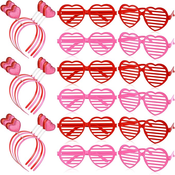 24 Pcs Valentines Heart Head Boppers Headbands and Heart Shape Sunglasses Party Supplies