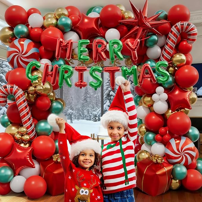 AobkDeco 143 Pcs Christmas Balloon Garland Arch Kit-Merry Christmas Banner and Red White Gold Metallic Green Cane Balloons Candy Foil Balloons Gift Box Balloons for Xmas Party Decorations