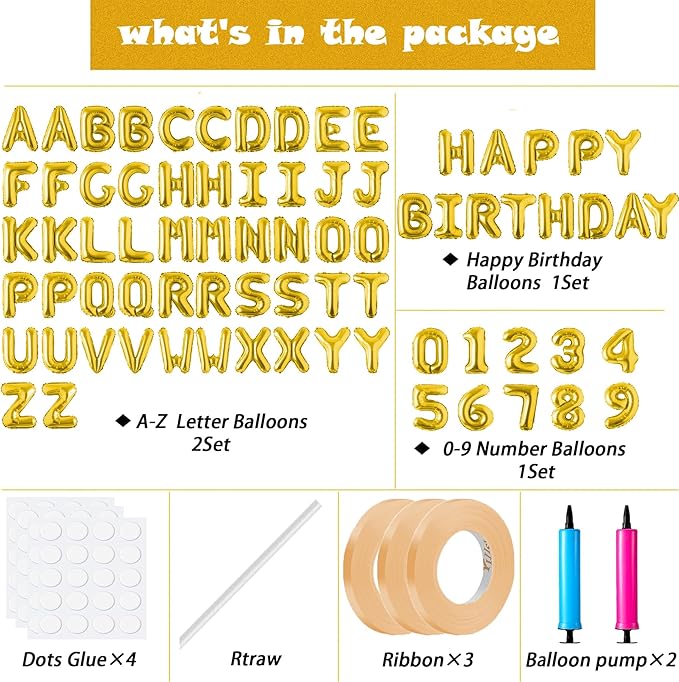Happy Birthday Balloon Banner Custom Phrase Balloons letter 16 inch Personalized Alphabet Letters Foil Mylar Balloons (Gold)