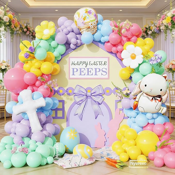 Easter Decorations Indoor Outdoor, 160Pcs Rainbow Pastel Eatser Balloons Arch Garland Kit with Cross Bunny Daisy Foil Balloons for Rabbit Theme Spring Decoration