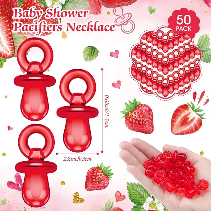 Thyle 51 Pcs Pacifier Hunt Baby Shower Games Include Hunt Sign and 50 Acrylic Pacifiers for Baby Shower Game Decoration Gift Sets Gender Reveal Party Decor(Strawberry)