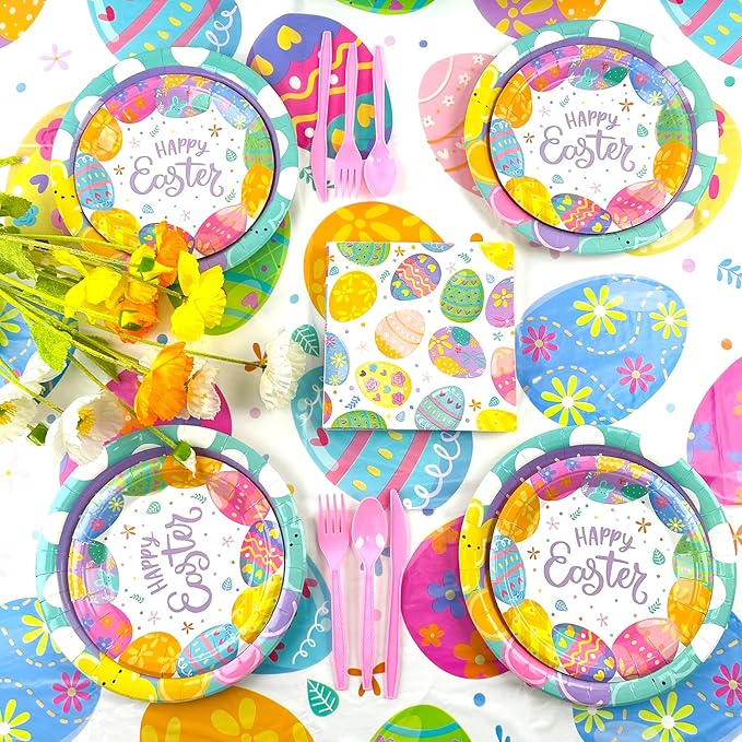 194Pcs Easter Paper Plates & Napkins Sets, Easters Dinnerware/Tableware Sets Including Cups Straws Plastic Cutlery Banner Disposable Tablecloth for Easter Party Supplies Decor,Serves 24 Guests