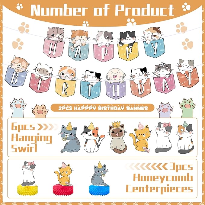 Chinco 16 Pcs Cat Theme Birthday Party Decorations Party Supplies Kit, Includes Cat Party Banner with 6 Hanging Cutouts 6 Hanging Swirl Decor and 3 Birthday Honeycomb Party Decoration(Cartoon Style)