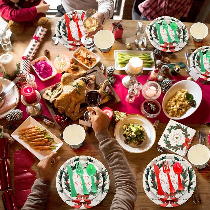 350 Pcs Merry Christmas Paper Plates and Napkins Set for 50 Guests Disposable Dinner Tableware Dinnerware Party Supplies Includes 100 Paper Plates 50 Cups Napkins Set Knives Forks Spoons