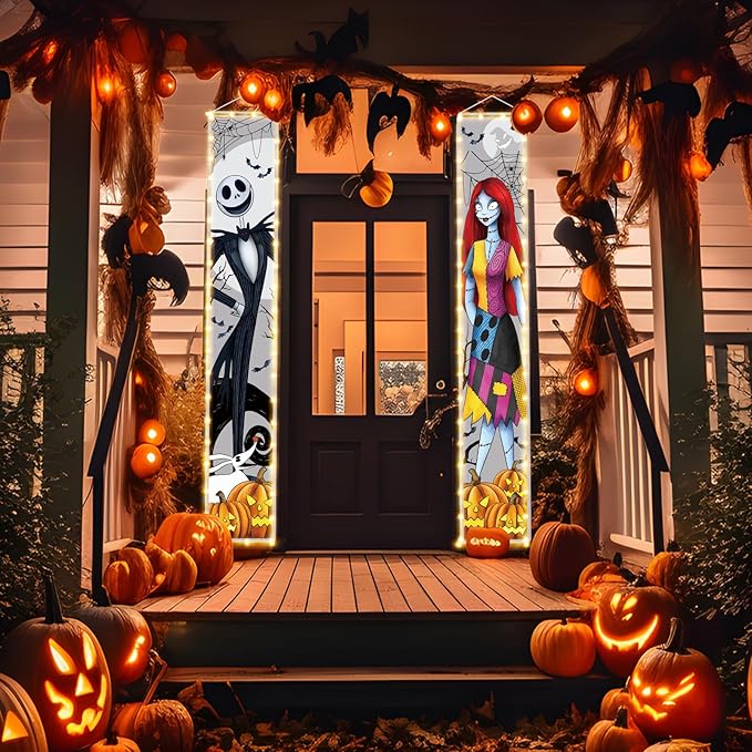 Jack Sally Lighted Banners Porch Signs Halloween Decor Christmas Nightmare Banner Decorations Outdoor Party Tivee-J-H2