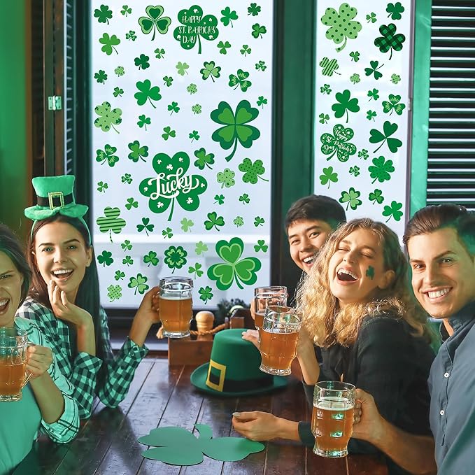 120 PCS St Patricks Day Decorations, 4 Sheets St Patricks Day Window Clings with Polka Dots Stripes Plaid Patterns, Double-Sided Green Party Decorations, Shamrock Window Clings for Home Decor