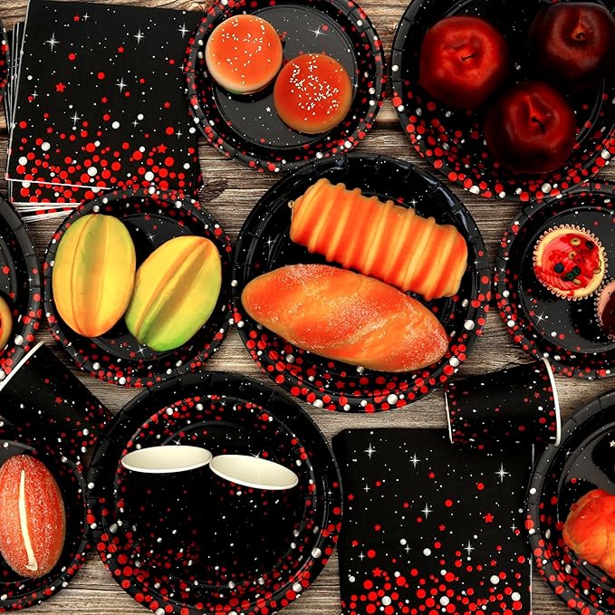 KEFAN Red Black Birthday Party Decorations, Red Black Theme Party Tableware Supplies including Plates, Cups, Napkins, Tablecloth (20)