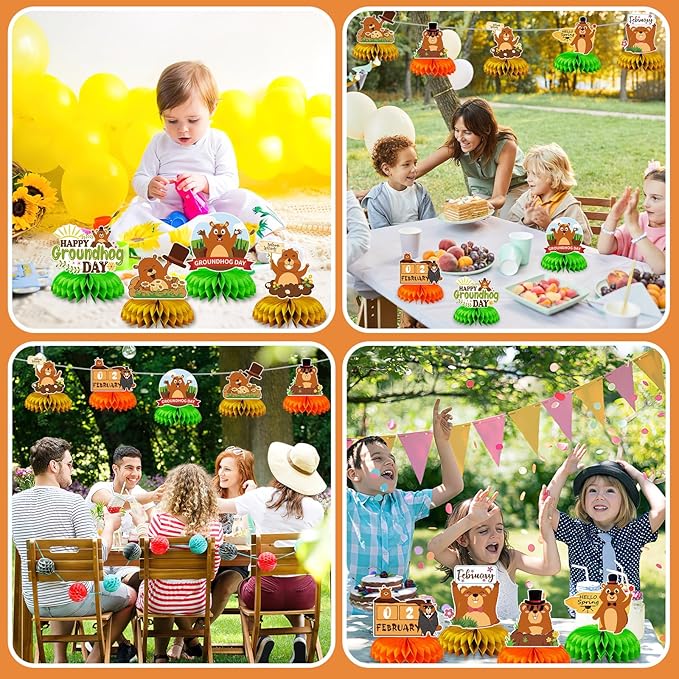 JULMELON 8PCS Groundhog Day Party Decorations Honeycomb Centerpieces, Happy Groundhog Day Party Centerpieces for Tables Groundhog Day Party Decor Supplies for Weather Forecast Spring February