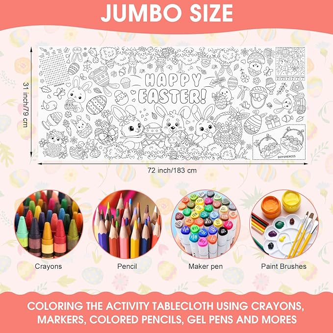 Giant Easter Coloring Poster - Large Happy Easter Coloring Tablecloth Cover, Jumbo Cute Bunny Paper Colorable Table Cloth Banner for Easters Gifts Activities Game Party Decorations Props, 31 x 72Inch