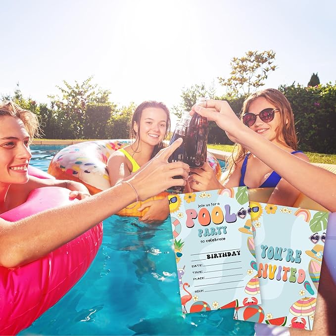 Pool Birthday Invitations, 25 Summer Party Invites Cards with Envelopes, Double-Sided Fillable, Birthday Invitations for Teens Adults, Birthday Party Supplies (4 x 6 Inch) -A06