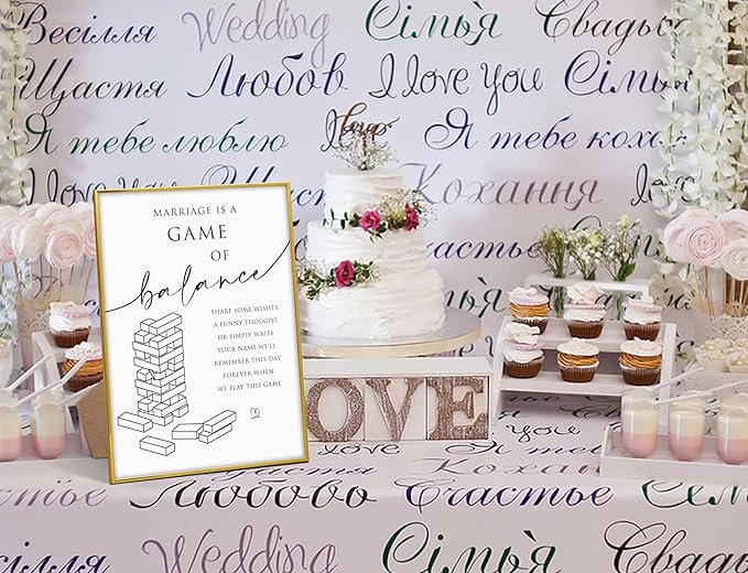 Marriage is A Game of Balance Sign, 8"X 11" Gold Frame Wood Wedding Sign with Stand, Balance Jenga Game Signage, Engagement Party Decorations, Wedding Party Favors for Ceremony and Reception-9