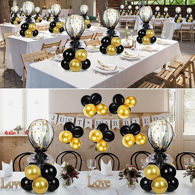 BBTO 8 Set Table Centerpieces Balloons Stand Kit, 80 Pcs Latex Balloons and Table Stand Holder with Base Tulle for Wedding Birthday Baby Shower Party(Black, Gold)