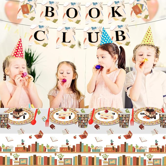 142 Pcs Vintage Book Theme Party Tableware Book Club Birthday Party Supplies Library Reading Themed Disposable Plates Napkins Cups and Forks Set