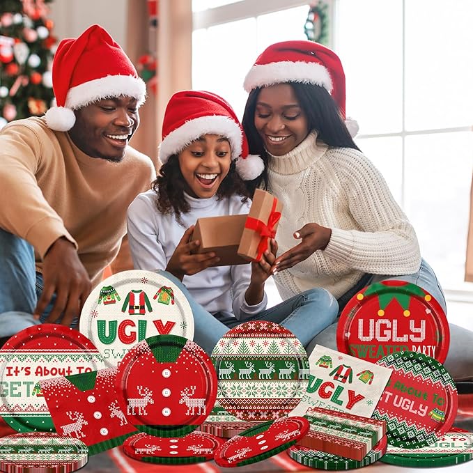 HAKOTI Christmas Party Decorations,60Pcs Ugly Sweater Party Decorations Set Christmas Plates and Napkins for New Year Ugly Sweater Dinnerware Xmas Holiday Party Disposable Supplies
