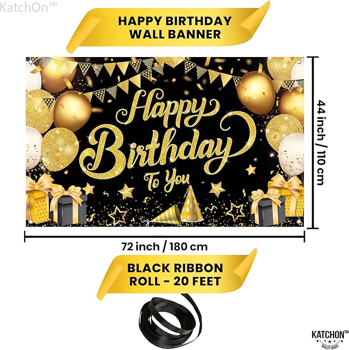 KatchOn, Black and Gold Happy Birthday Banner Sign - XtraLarge, 72x44 Inch | Black and Gold Backdrop Banner for Happy Birthday Decorations | Party Decorations for Men and Women
