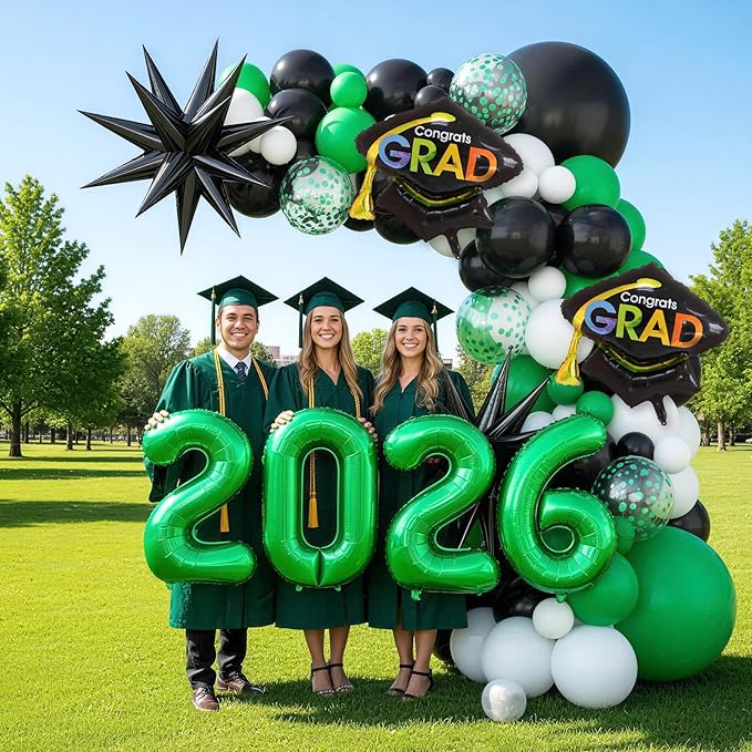 Graduation Balloons Garland Arch Kit, Graduation Balloon Class of 2026, Green and Black White Balloons with Foil Balloon for Class of 2026 Party Decor