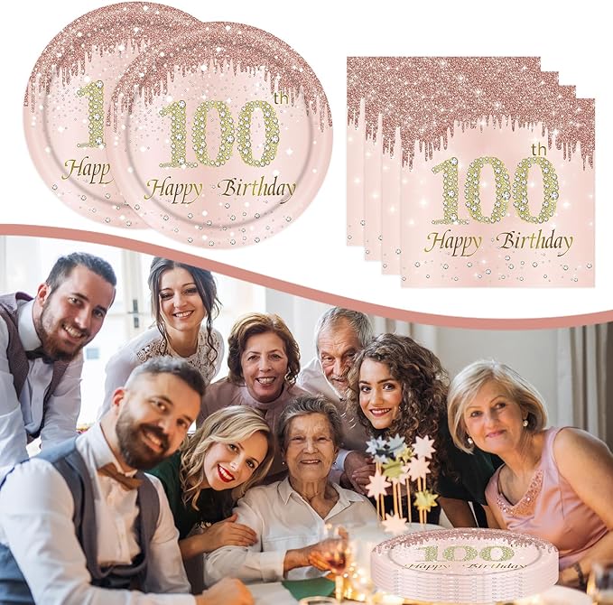 100th Rose Gold Birthday Plates and Napkins, 9 Inch Pink Rose Gold Disposable Dinner Dessert Plates Happy 100th Birthday Party Supplies Decorations for Girls Women