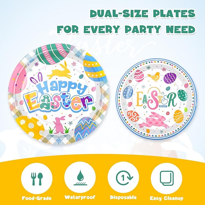 Kochorie 168 Pieces Easter Paper Plates and Napkins Colorful Happy Easter Bunny Egg Party Supplies Include Disposable Paper Plates Cups Napkins Plastic Cutlery for Spring Holiday Party Decor Serves 24