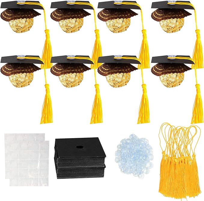 Gyufise 36Pcs 2026 Graduation Cap Cupcake Toppers with Tassel Adhesive Dots Chocolate Decorations Class of 2026 Congrats Grad Cap Cupcake Decorations for 2026 Graduation Theme Party Supplies Gold