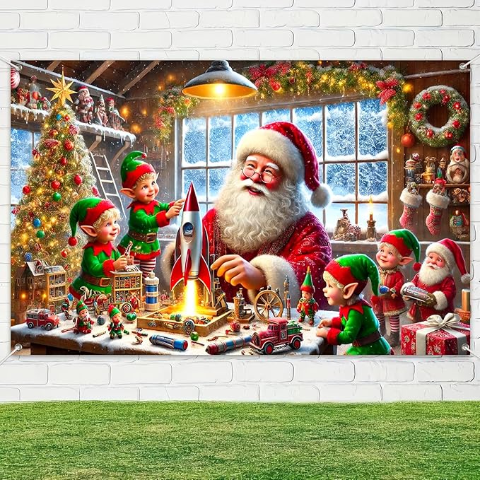 Christmas Banner Santa Claus Elves Workshop Rocket Toy Christmas Tree Stockings Garland Winter Snow Scene 71x43 Inches Indoor Outdoor Holiday Party Decoration
