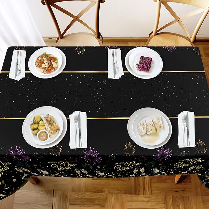 Childom 2 Pack Happy New Year Tablecloths,Happy New Years Decorations 2026,Disposable Rectangular Tablecloths Plastic 54"x108",Black and Gold Table Cloth for Home Dining Outdoor Holiday Party Supplies