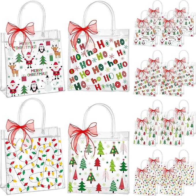 Henoyso 24 Pcs Christmas Clear Gift Bags Plastic Candy Treat Goodie Bags Red Foil Santa PVC Wrap Totes with Handles and Ribbon Xmas Party Favors (Santa and Xmas Tree,7.8 x 7.8 x 3.1 Inch)