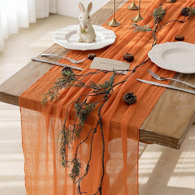 Keketoarrange Orange Spring Easter Gauze Rustic Cheesecloth Table Runner 120 Inch 10 FT for Wedding Baby Shower Bridal Shower Birthday Engagement Garden Outdoor Party Long Sheer Boho Decorations