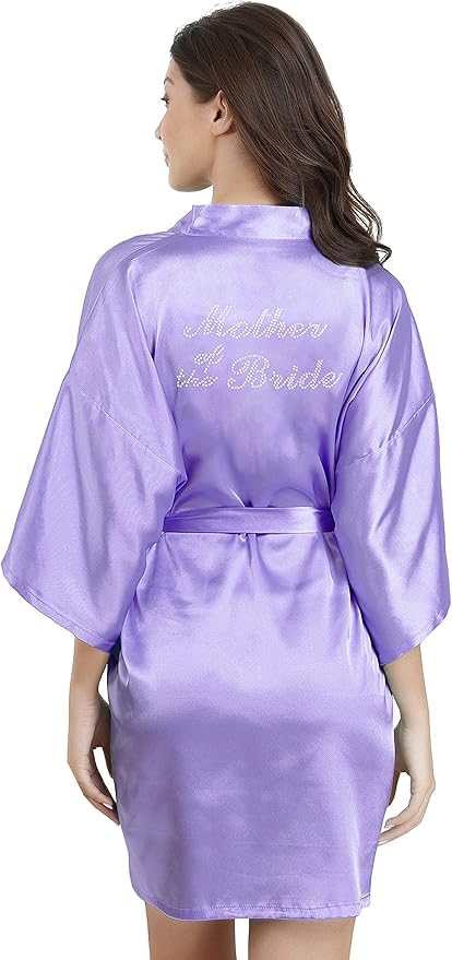 EPLAZA Women's One Size Silver Rhinestones Bride Bridesmaid Short Satin Robes for Wedding Party Getting Ready