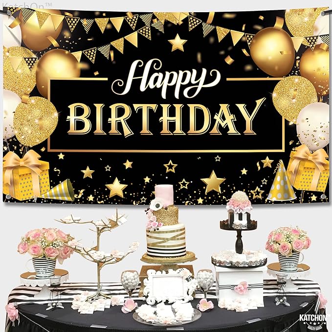 KatchOn, Happy Birthday Banner Black and Gold - Large 72x44 Inch | Happy Birthday Decorations for Men and Women | Black and Gold Birthday Backdrop | Birthday Party Decorations for Men & Women