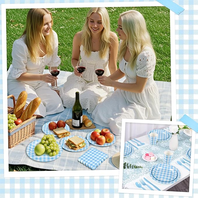 175 Pcs Gingham Paper Plates, Boy Baby Shower Decorations Include Blue Gingham Plates and Napkins Cups Disposable Blue Dinnerware for Picnic, Wedding, Birthday