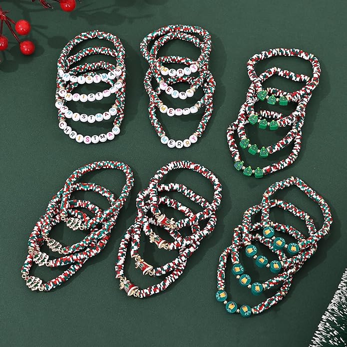 Cooluckday 36 Pcs Holiday Heishi Surfer Bracelets for Women Bulk Easter Mother's Day Christmas St. Patrick's Day Mardi Gras Bracelet Stackable Stretch Friendship Bracelets Set