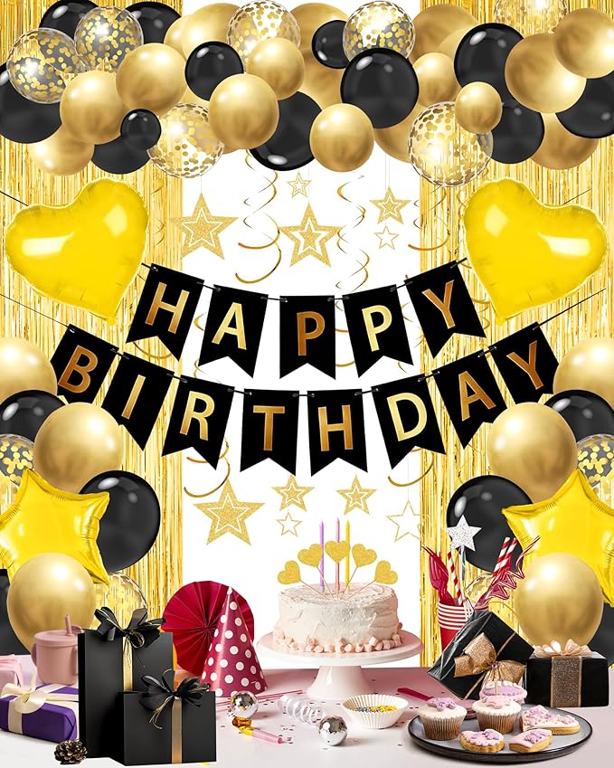 Black Gold Happy Birthday Party Decorations, Happy Birthday Banner, Black Gold Foil Heart Star Confetti Balloons Curtain Backdrop Hanging Swirls Party Decor for Boys Men