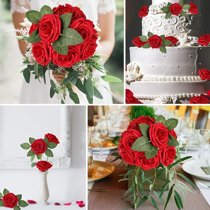 AmyHomie Artificial Flower Dark Red Rose 100pcs Real Looking Fake Roses w/Stem for DIY Wedding Bouquets Centerpieces Arrangements Party Baby Shower Valentines Day Christmas Tree Decorations