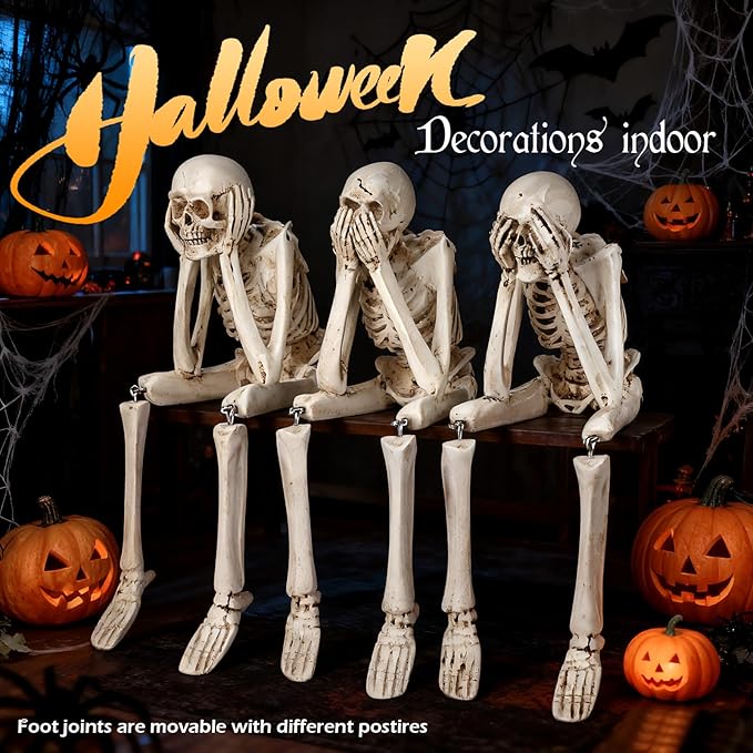 Skeletons for Halloween, 3 PCS See Hear Speak No Evil Statues, Realistic Skeleton Figurines, Halloween Mantel Decor, Skeleton Decorations Indoor Outdoor