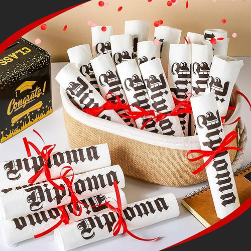 100 Set Graduation Diploma Guest Napkins Red Black and White Rolled Silverware Disposable Grad Award Dinner Napkin with Ribbon and Scissors for Celebration (diploma, Red, 100 Pcs)