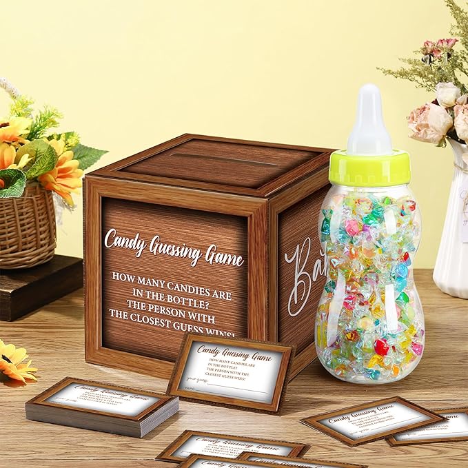 Glenmal 52 Pcs Baby Shower Games Gift Sets Large Baby Bottle for Shower Game Guess How Many Candies Baby Shower Decorations for Baby Shower favors Games Gender Reveal (Wood Grain)