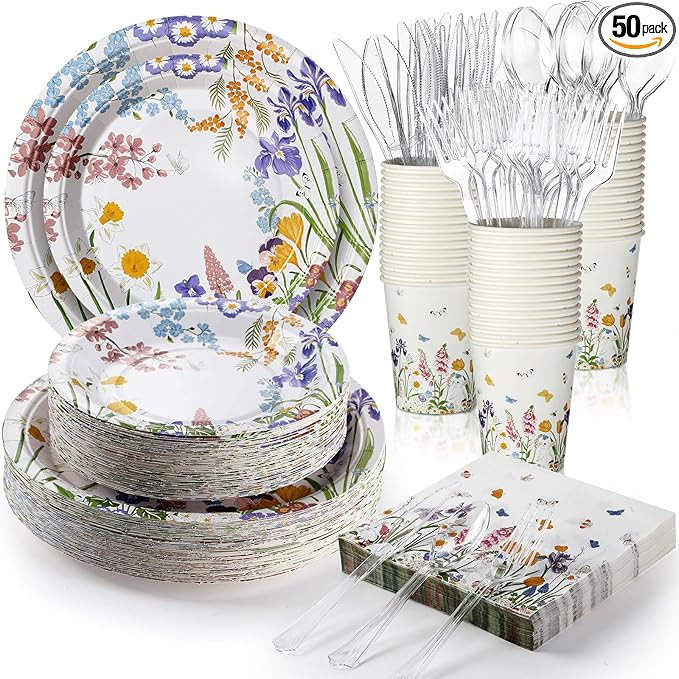 350 Pcs Easter Spring Floral Party Decoration Paper Plates Disposable Tableware Napkins Cups Knives Forks Spoons for 50 Guests Floral Baby Shower Party Tableware for Birthday