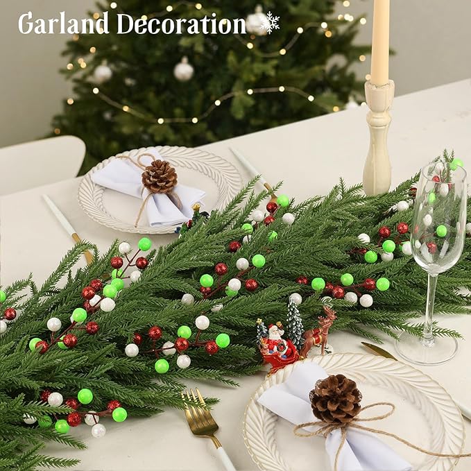 HOHOTIME 24 Pack Artificial Berry Stems Branches, Christmas Faux Red Fluorescent Green White Holly Colorful Berries Branch Ornaments for Christmas Tree Wreath DIY Craft Decorations Holiday Home Decor