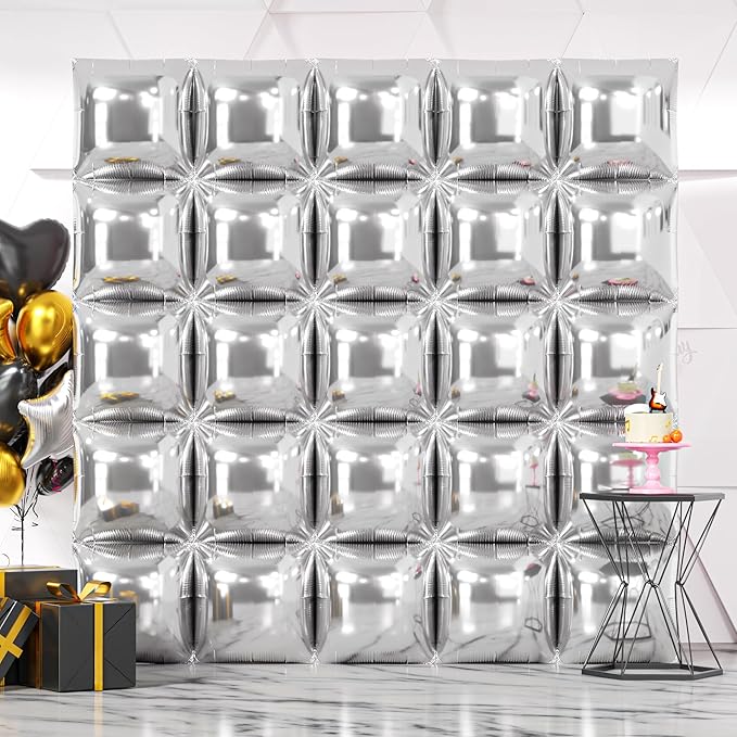 NISOCY 25PCS Metallic Silver Square Foil Balloons Wall Backdrop Chrome Silver Balloon Tunnel Garland Arch Kit for New Year Birthday anniversary Bachelorette Engagement Bridal Shower Party Decorations