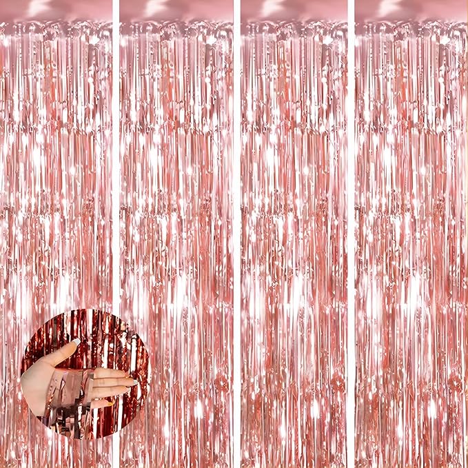 Valentines Day 4 Pack 3.3 * 8.3 ft Foil Curtain Metallic Tinsel Fringe Curtains Photo Booth Props Backdrop for Birthday Wedding Engagement Baby Shower Christmas Holiday Celebration Partyl,Rose Gold