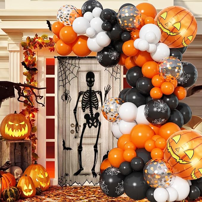 Orange Black Halloween Balloon Arch Garland Kit with 4D Pumpkin Foil Balloon, 110pcs Spider Web Print Halloween Latex Balloons for Kids Trick or Treat Baby Shower Birthday Party Decoration Supplies