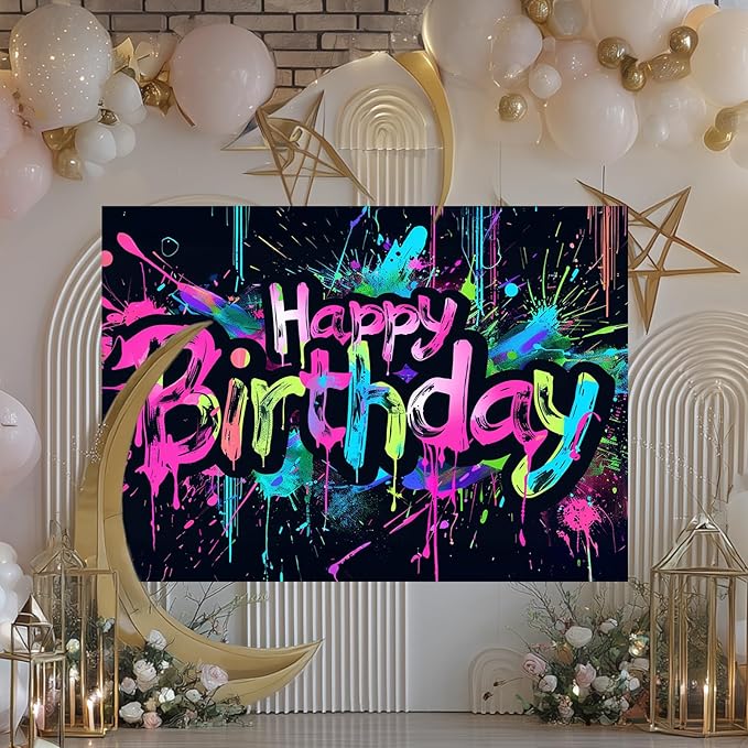 Neon Happy Birthday Banner 96x72 Inch Photography Backdrops Party Background Decorations Colorful Graffiti Splash Paint Kids Birthday Supplies Glow in The Dark